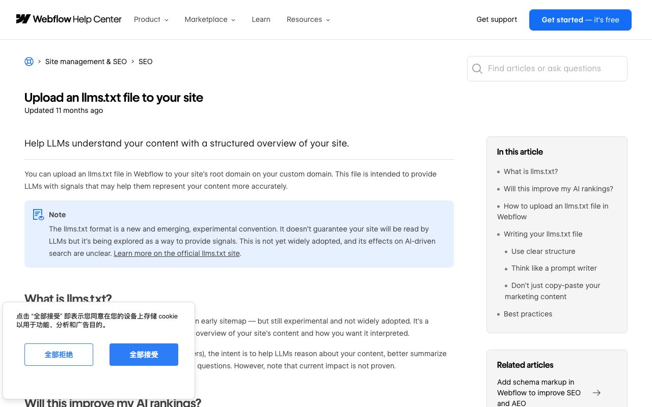 Webflow Help Center article explaining how to upload an llms.txt file under Site settings, SEO