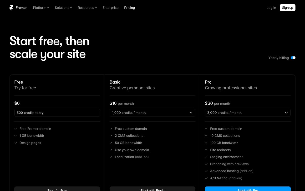 Framer pricing page showing the Free, Basic $10/mo and Pro $30/mo plans on yearly billing