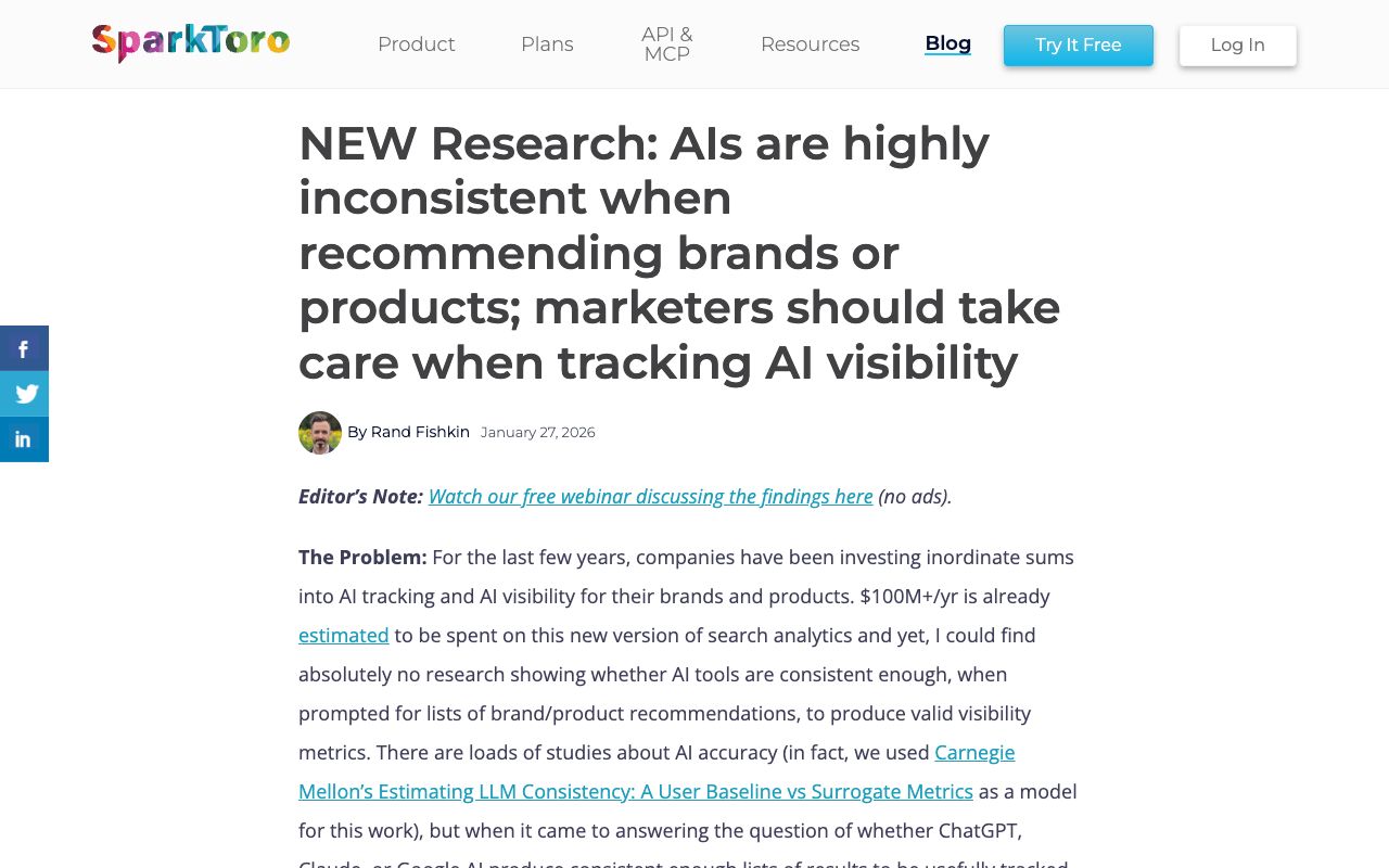 SparkToro research page reporting that AI tools are highly inconsistent when recommending brands