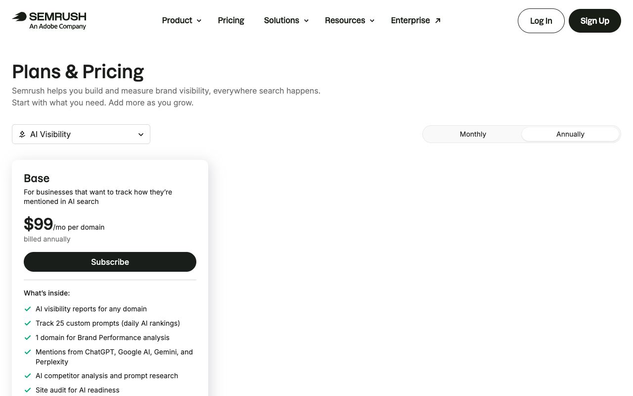 Semrush AI Visibility Toolkit pricing page showing the $99 per month per domain plan