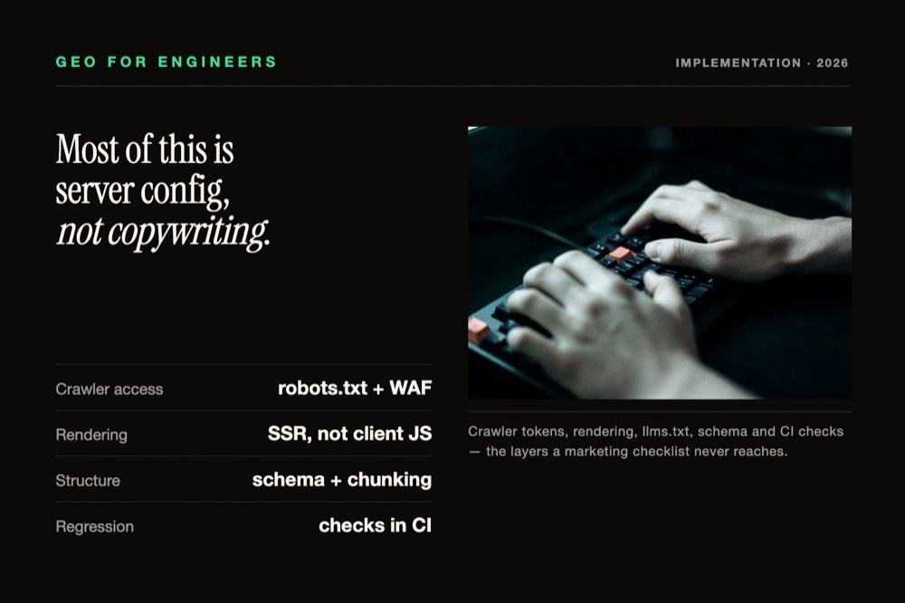 Hands on a keyboard in low light beside a ruled table of the AI crawler user agents a build must allow
