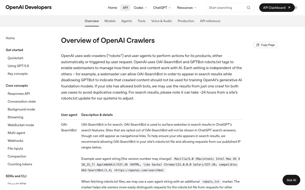 OpenAI developer docs page listing GPTBot, OAI-SearchBot, ChatGPT-User and OAI-AdsBot user-agent strings