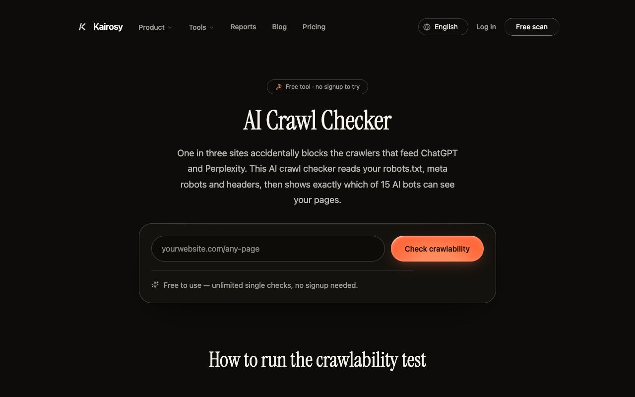 Kairosy's free AI Crawl Checker tool showing which AI bots can reach a page