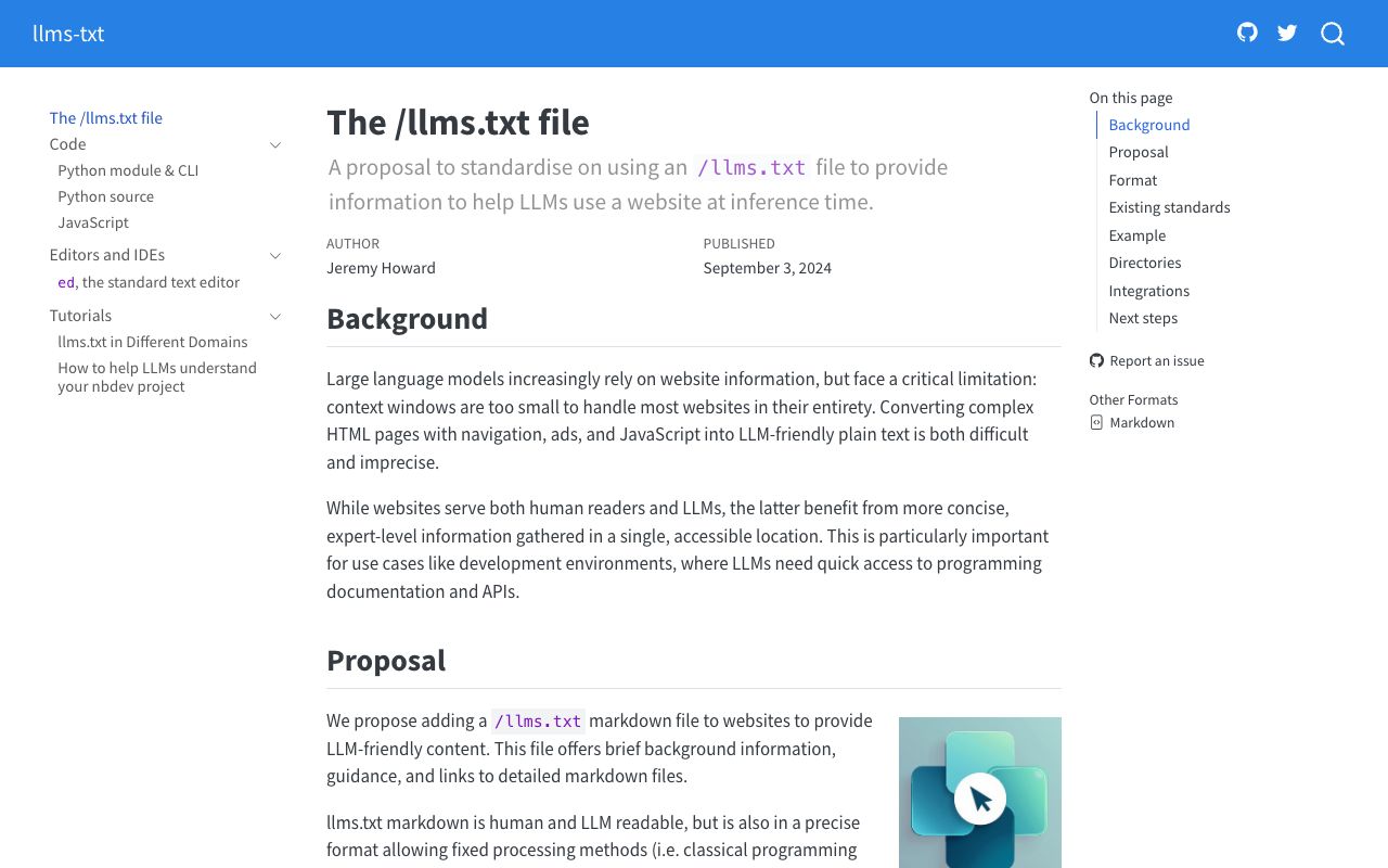 The llmstxt.org specification page describing the required llms.txt file format