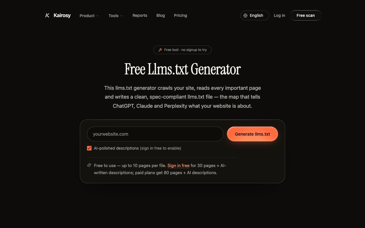 Kairosy's free llms.txt generator producing a spec-compliant llms.txt file