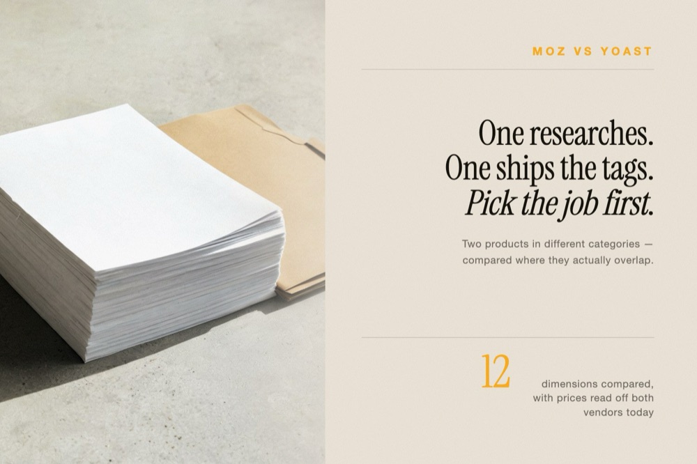 A stack of printed reports in hard side light beside the verdict on Moz versus Yoast