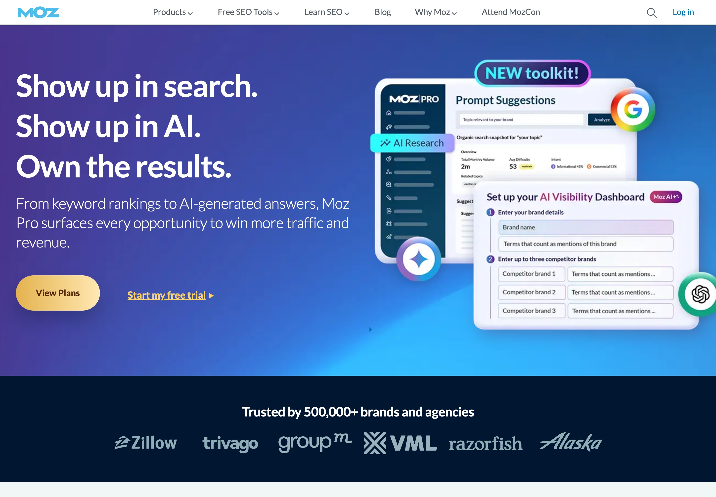 Moz.com homepage showing the Moz Pro SEO platform positioning