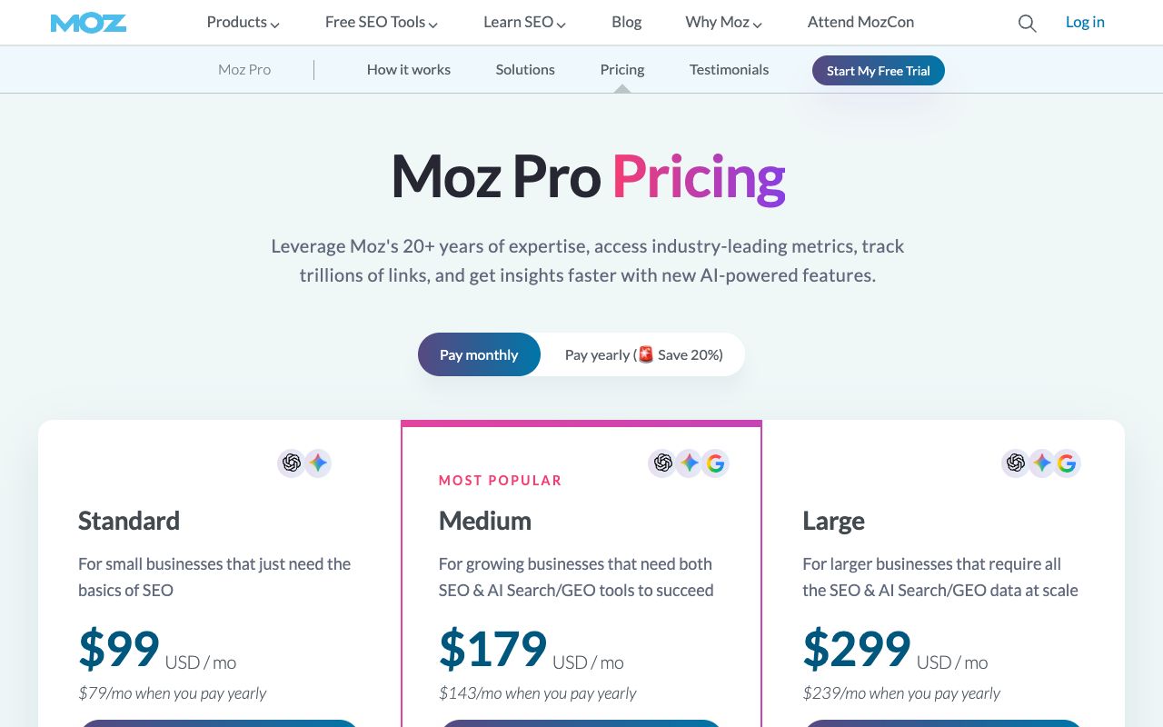 Moz Pro pricing page with Standard, Medium and Large plan cards at $99, $179 and $299 per month