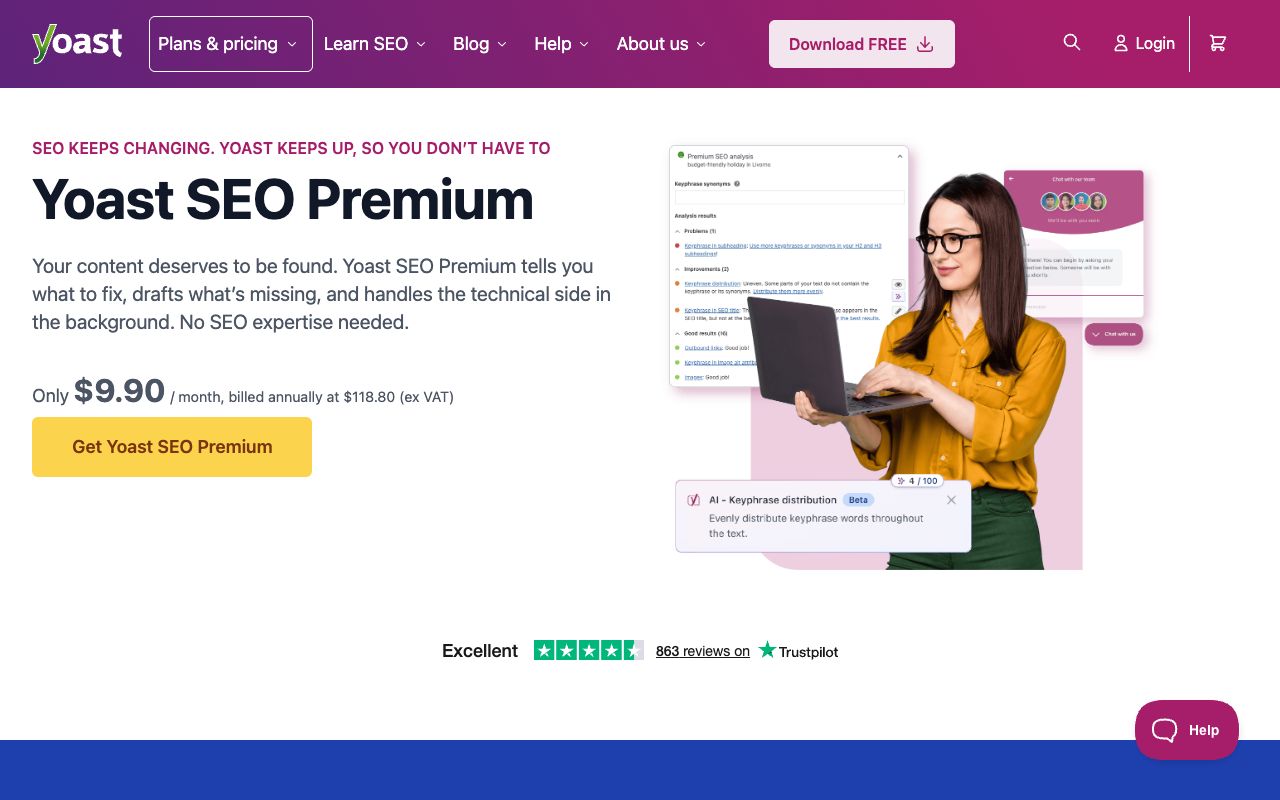 Yoast SEO Premium product page listing the $118.80 per year price and Premium features