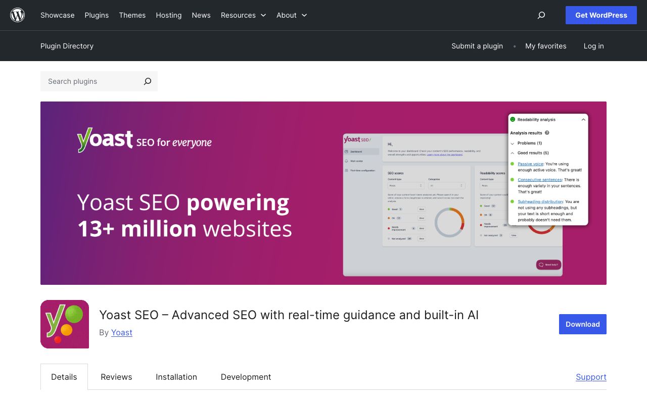 Yoast SEO listing on the WordPress.org plugin directory showing its 4.8-star rating and active installs