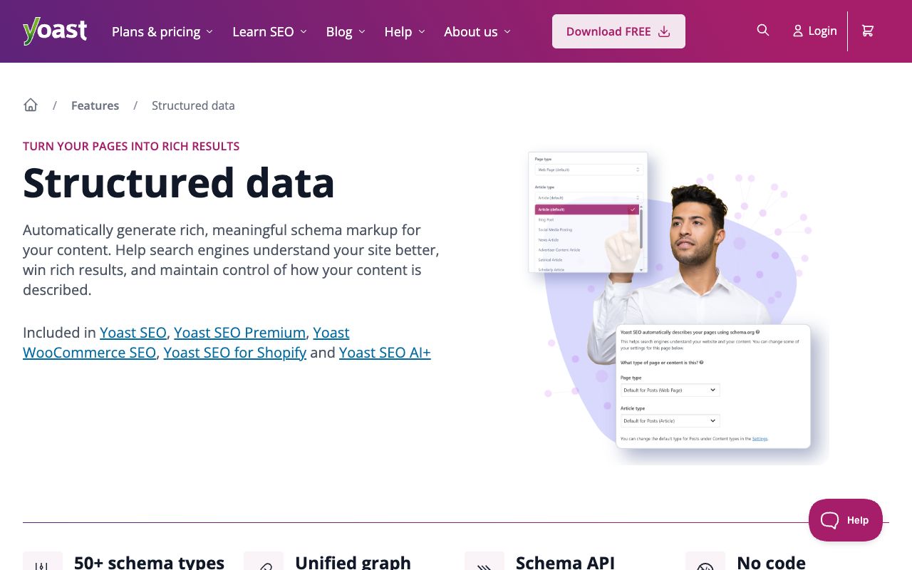 Yoast structured data feature page explaining the automatic connected schema graph