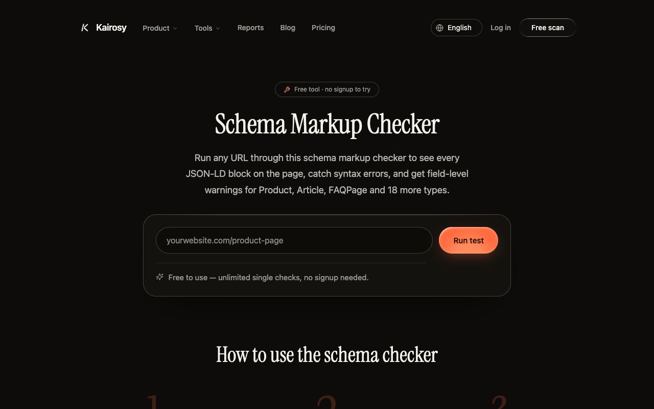 Kairosy free schema markup checker validating structured data output from a WordPress page