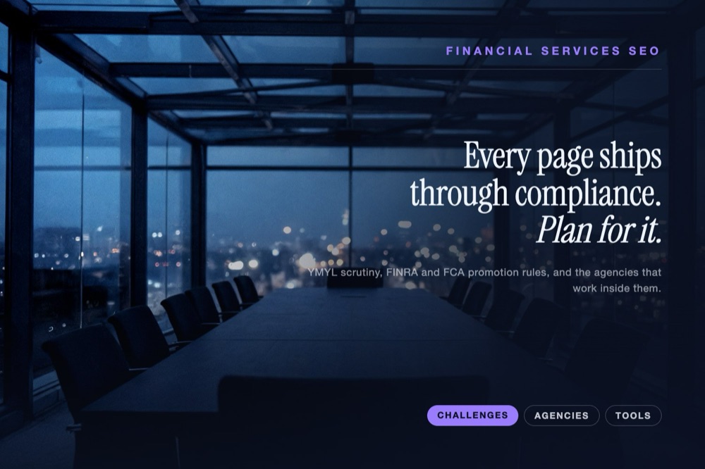An empty glass boardroom at dusk beside the headline on compliance-bound financial services SEO