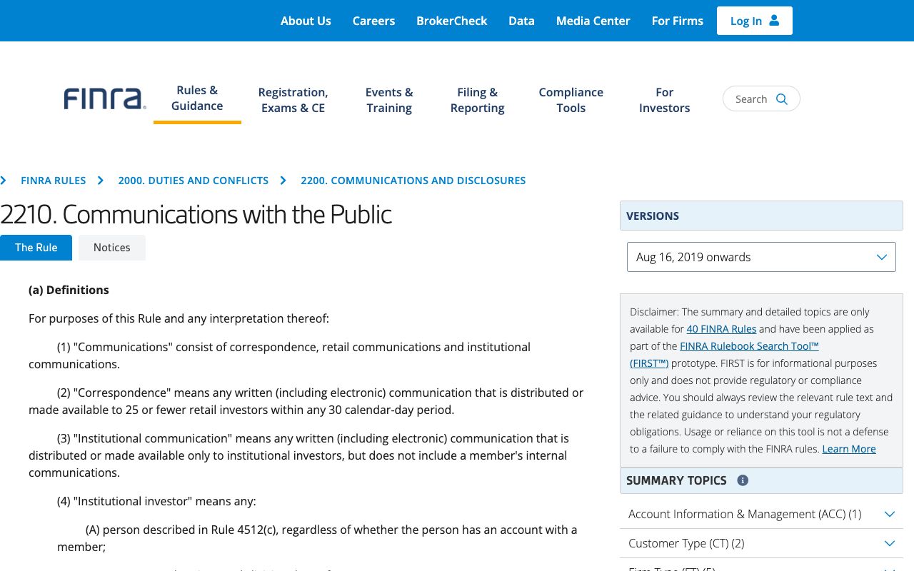 FINRA Rule 2210 Communications with the Public on finra.org