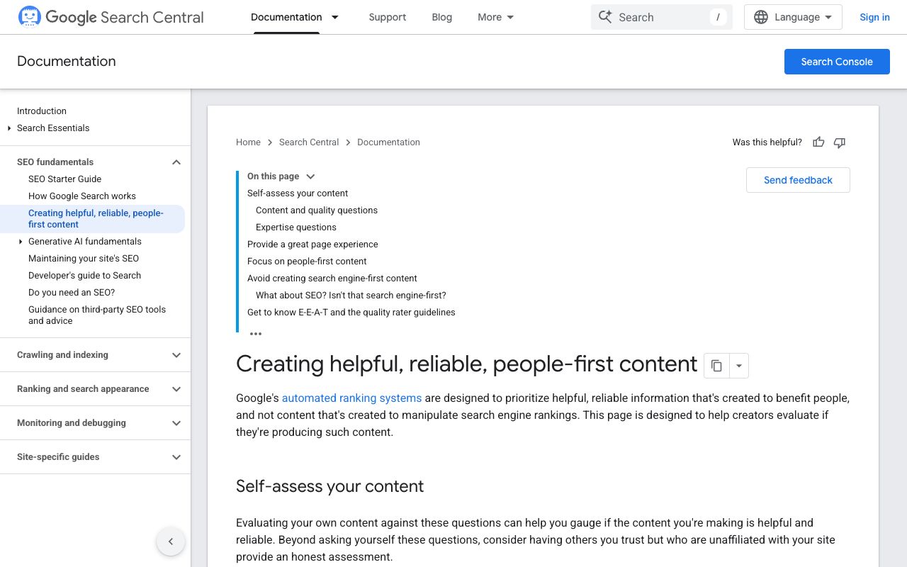 Google Search Central guidance on creating helpful, reliable, people-first content and E-E-A-T