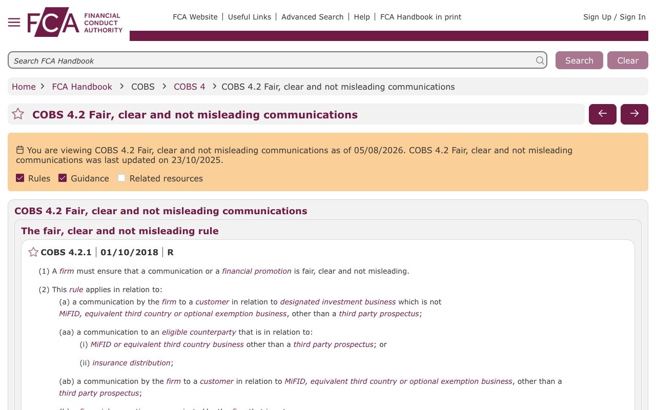 FCA Handbook COBS 4.2 — the fair, clear and not misleading rule for UK financial promotions