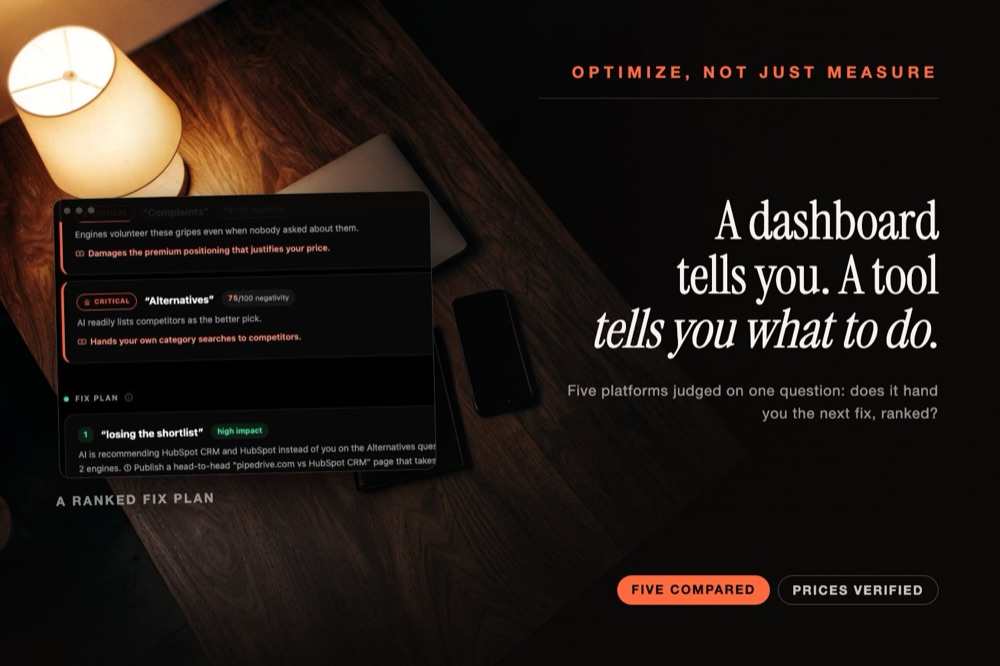 A dark desk beside a Kairosy fix plan — the difference between measuring and optimizing AI visibility