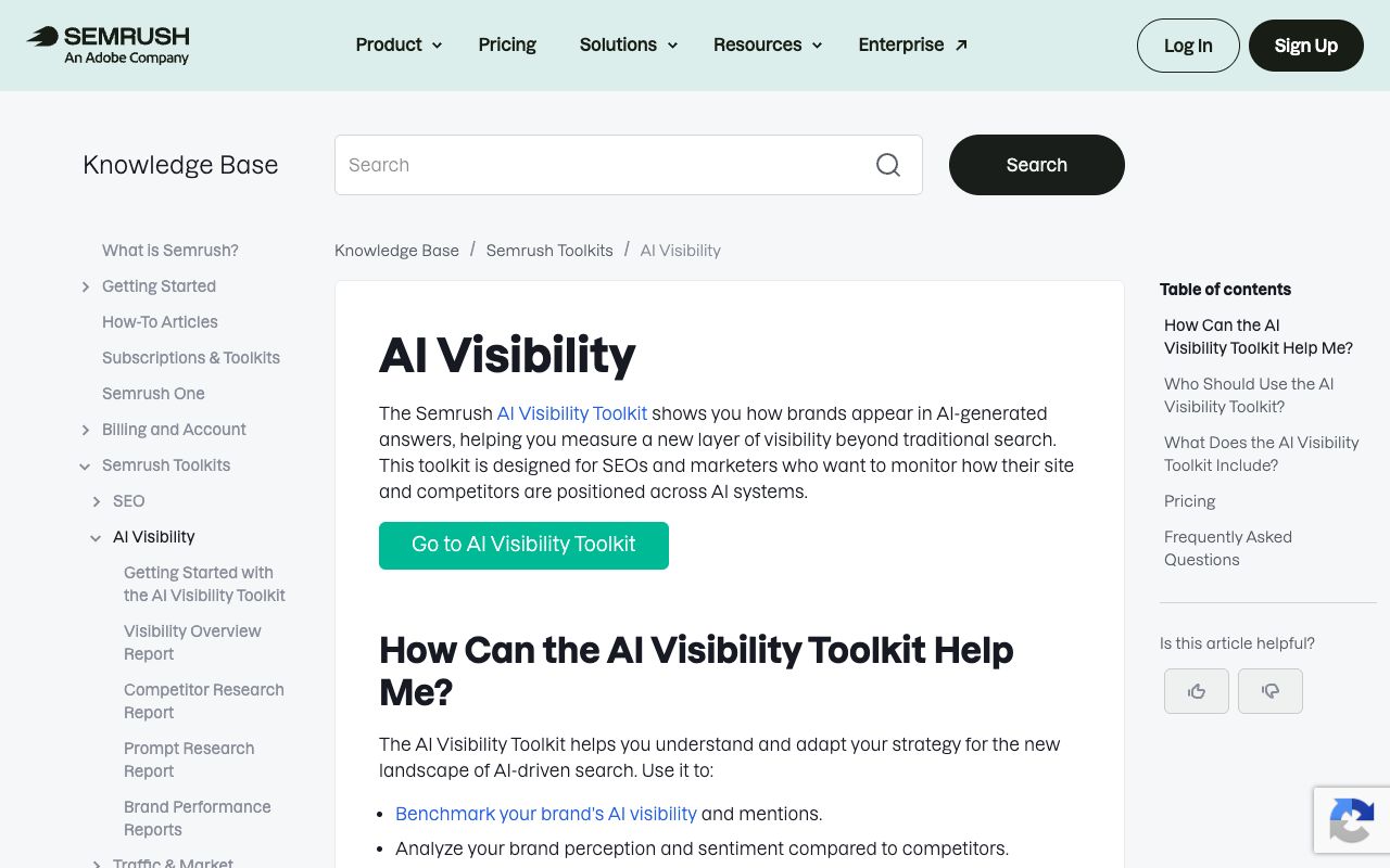 Semrush AI Visibility Toolkit page showing the AI Visibility Score and prompt research reports