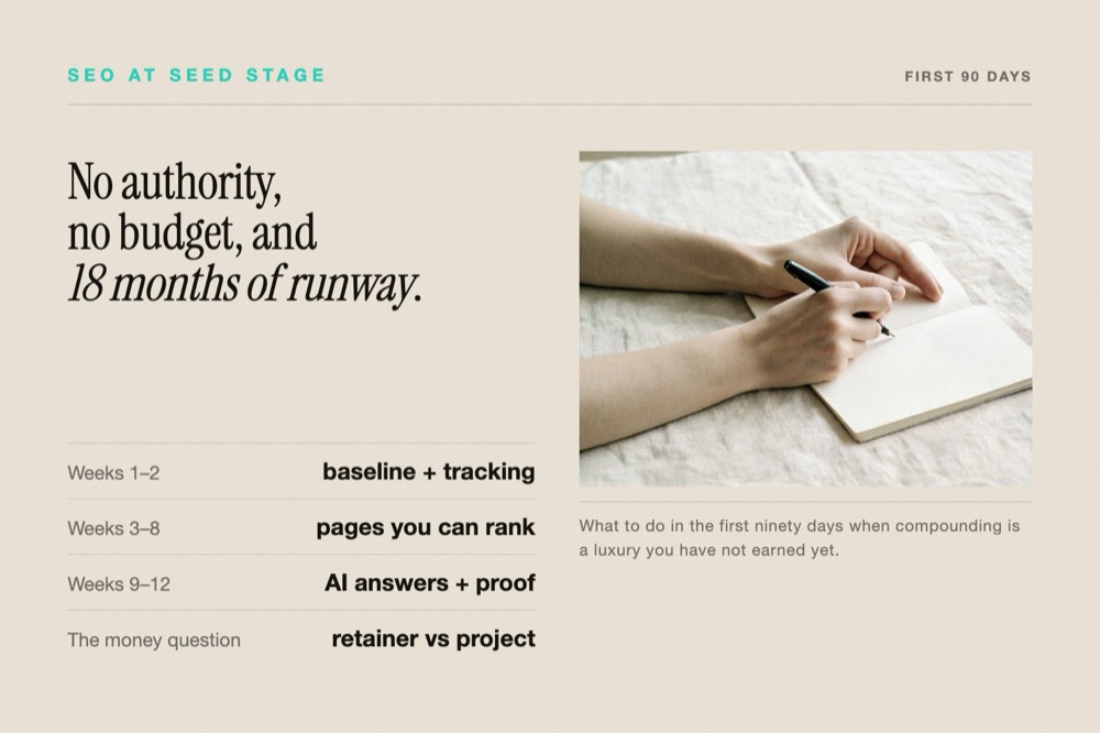 Hands writing in a notebook on cream linen beside the first-90-days plan for startup SEO