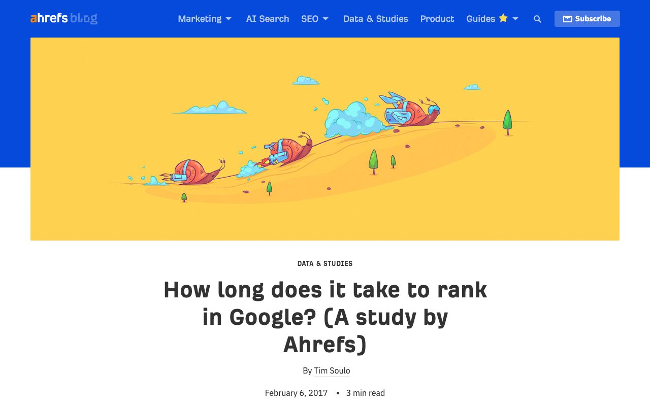 Ahrefs study on how long it takes to rank in Google, showing only 5.7% of pages reach the top 10 within a year