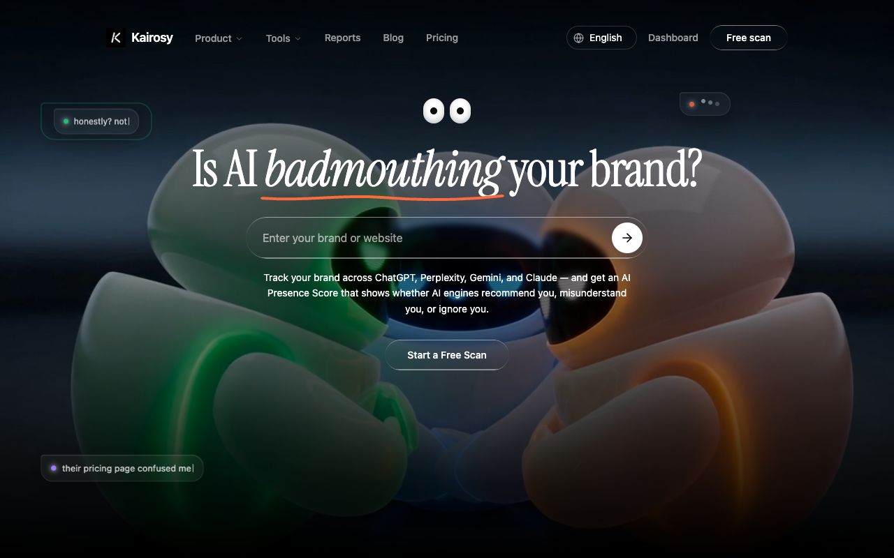 Kairosy homepage offering a free monthly AI visibility scan for a brand