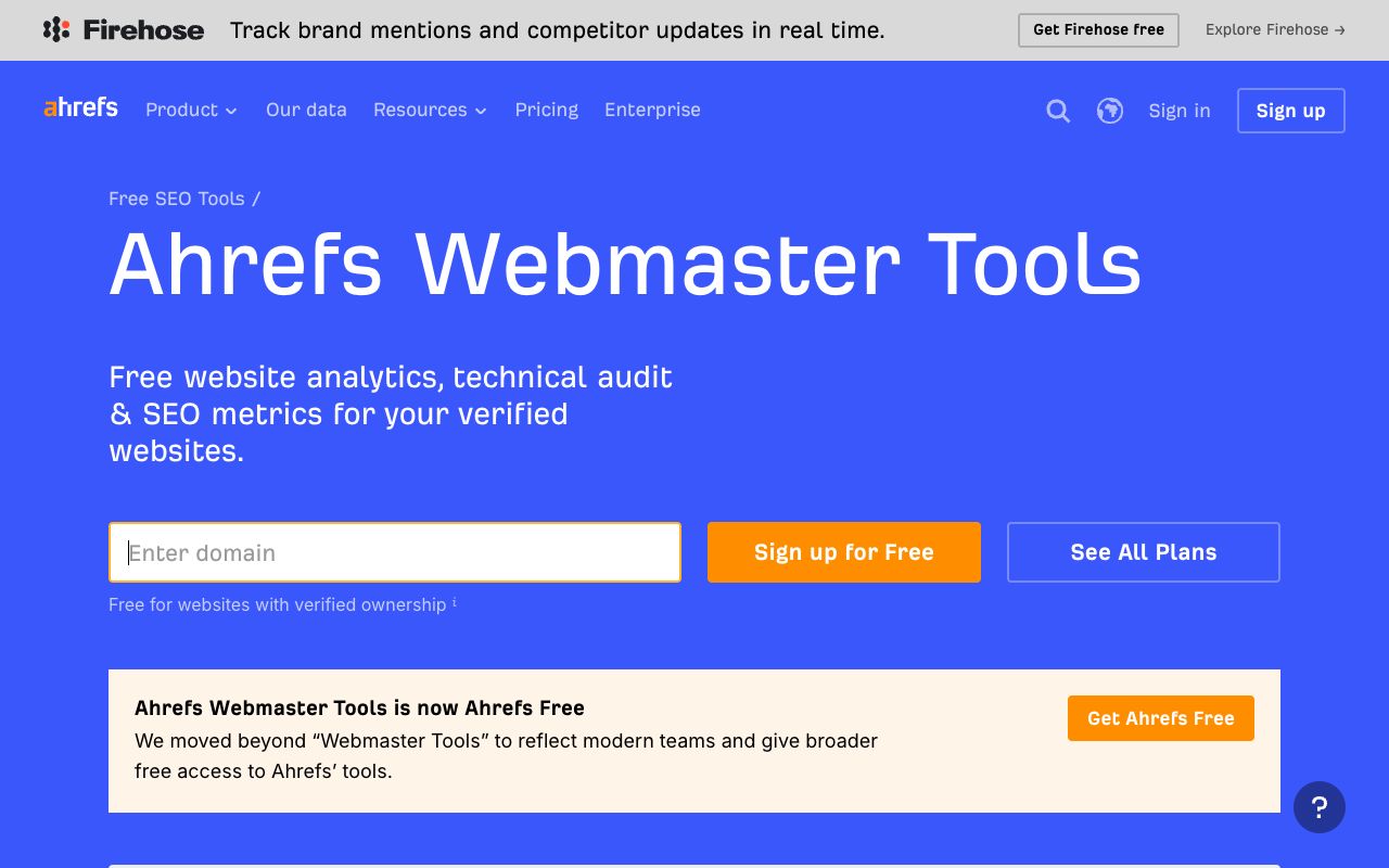 Ahrefs Webmaster Tools page listing the free site audit, site explorer and web analytics features