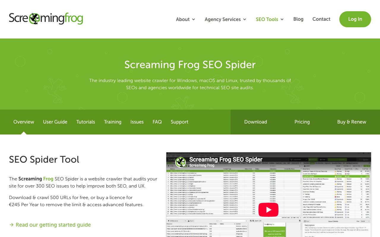 Screaming Frog SEO Spider page showing the free 500-URL crawl limit and paid licence price
