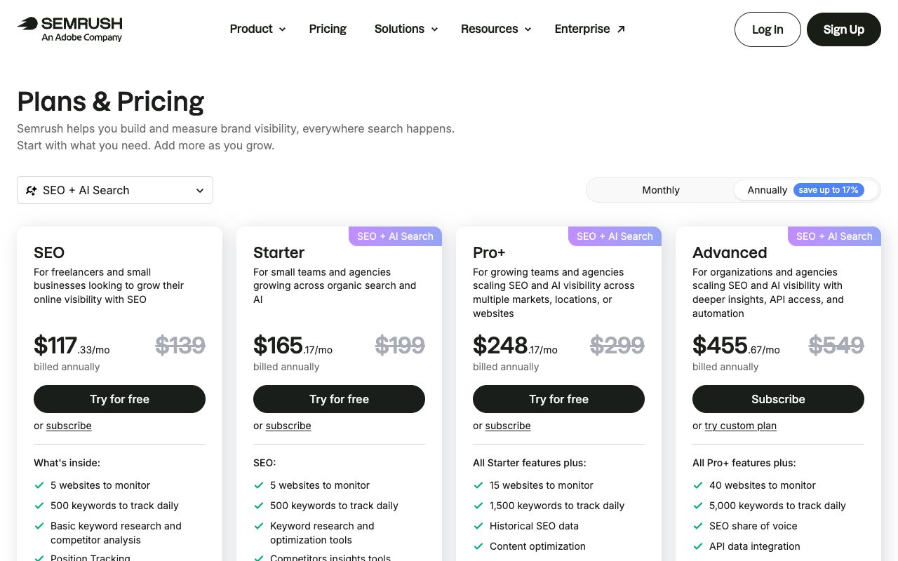 Semrush pricing page showing the SEO, Starter, Pro+ and Advanced plan tiers