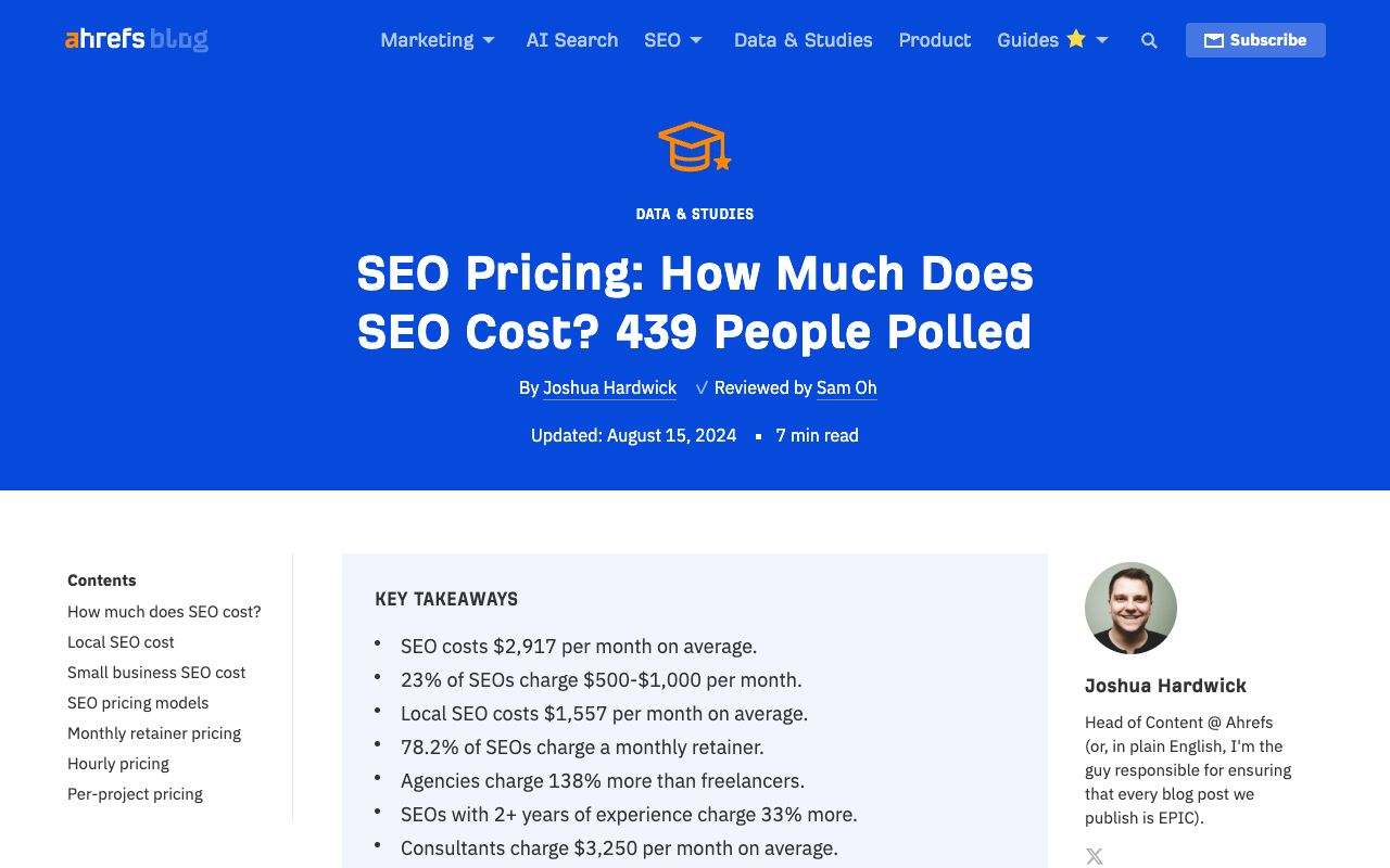 Ahrefs SEO pricing survey of 439 providers, showing average monthly retainer and per-project fees