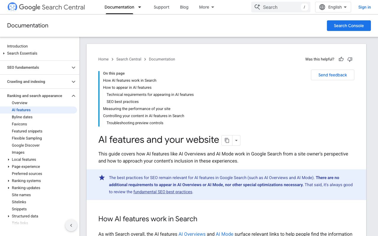 Google Search Central documentation on AI features describing multiple related searches across subtopics