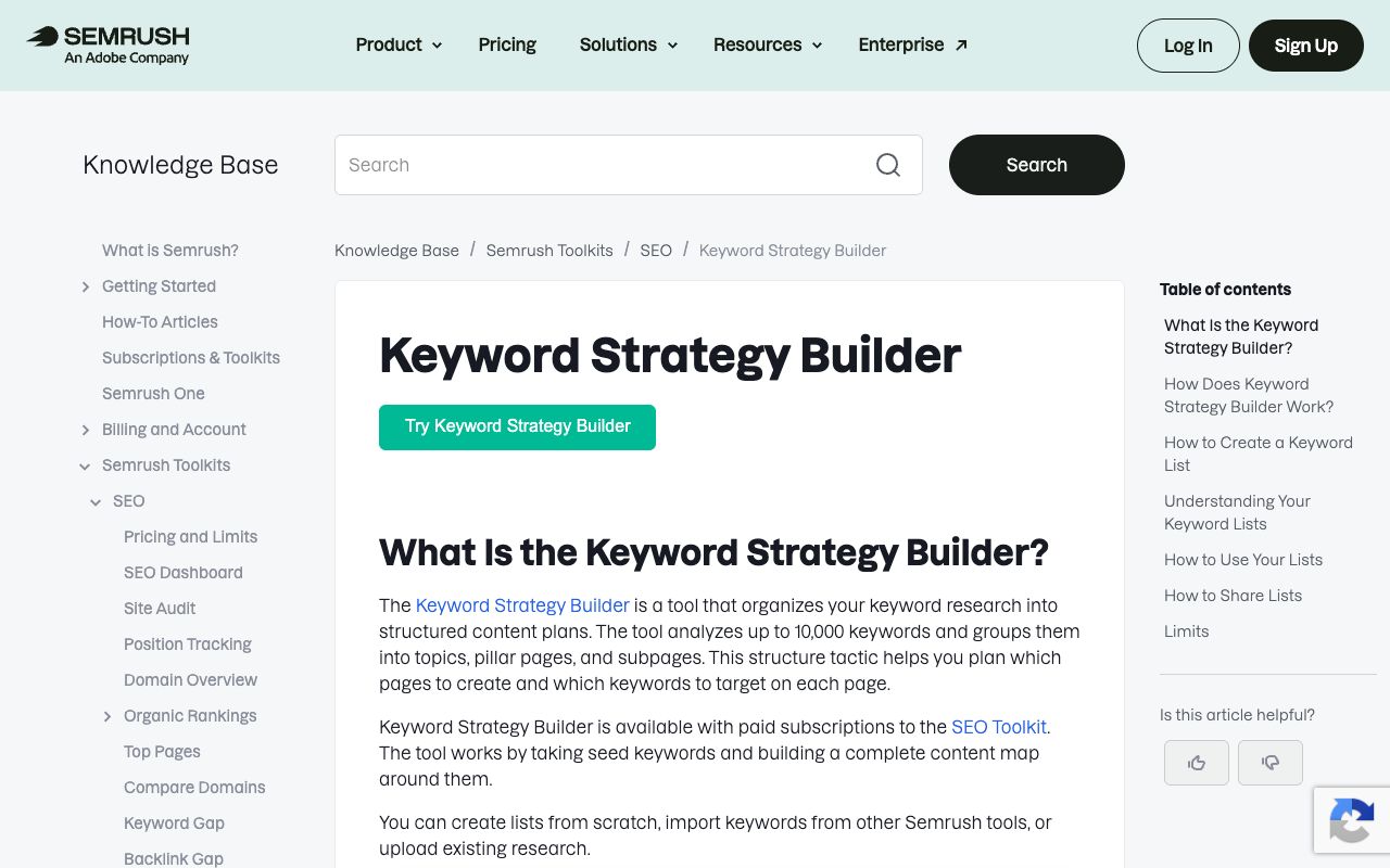 Semrush Keyword Strategy Builder documentation showing automatic keyword clustering into topics