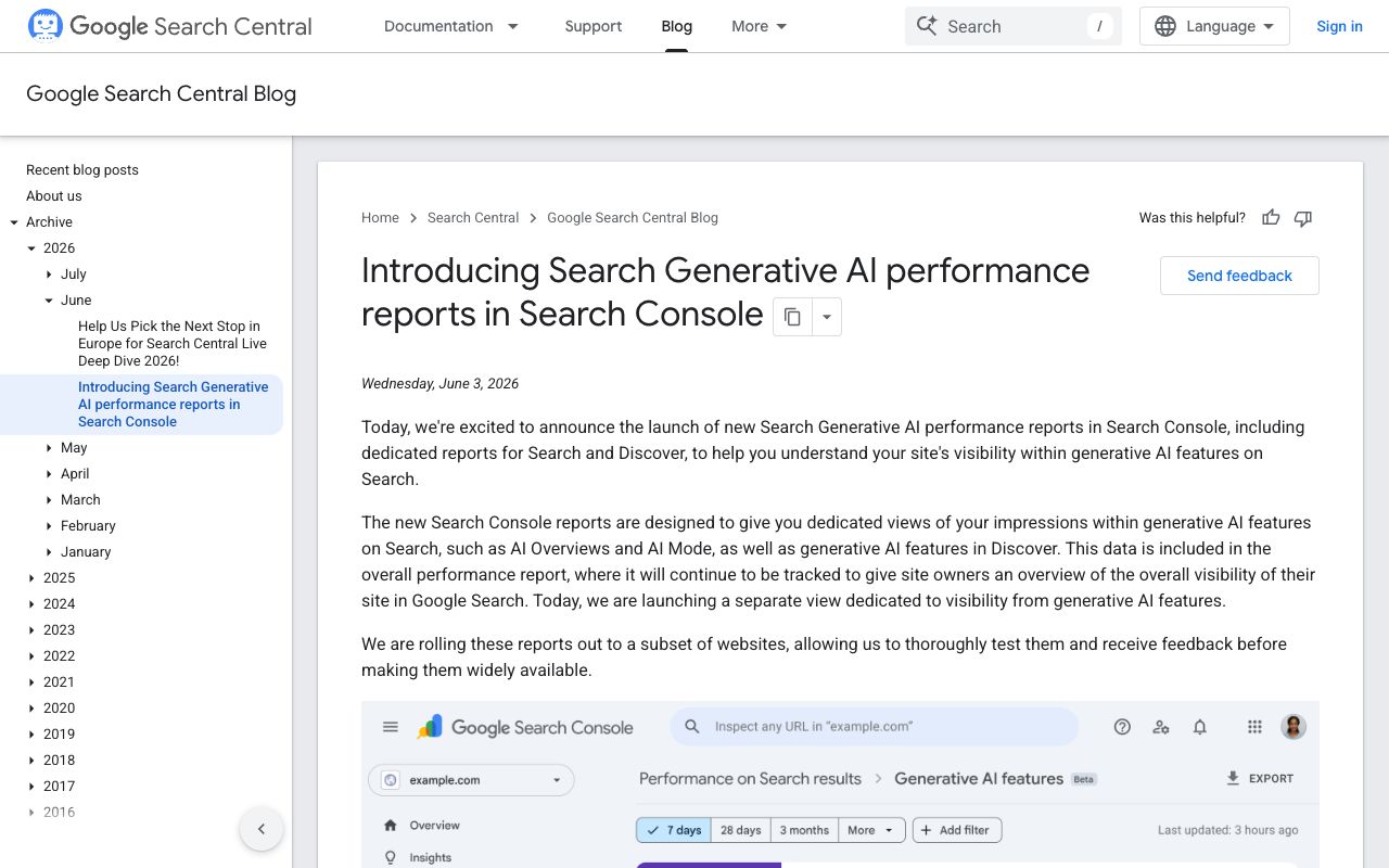 Google Search Central blog post announcing the generative AI performance report in Search Console