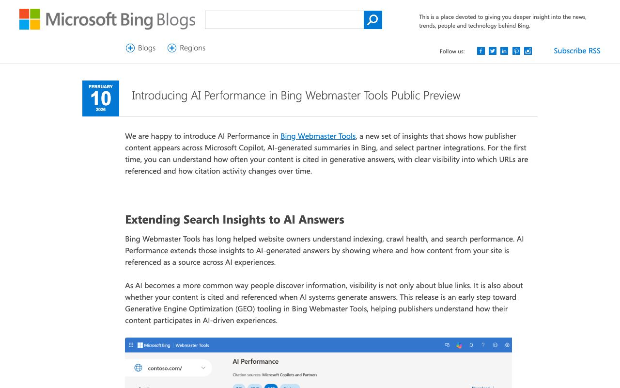 Bing Webmaster Blog post introducing the AI Performance citation report public preview