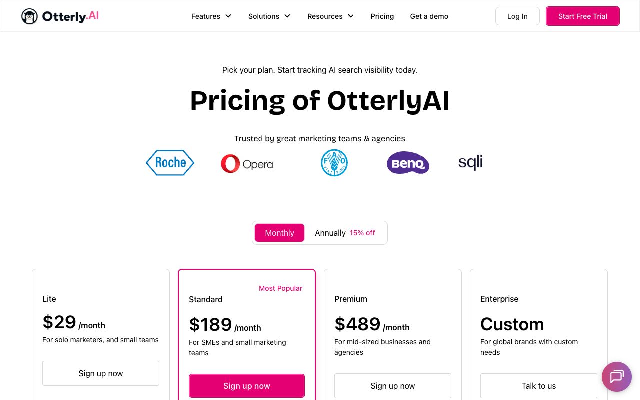 Otterly.ai pricing page showing the Lite plan at 29 dollars a month for 15 prompts