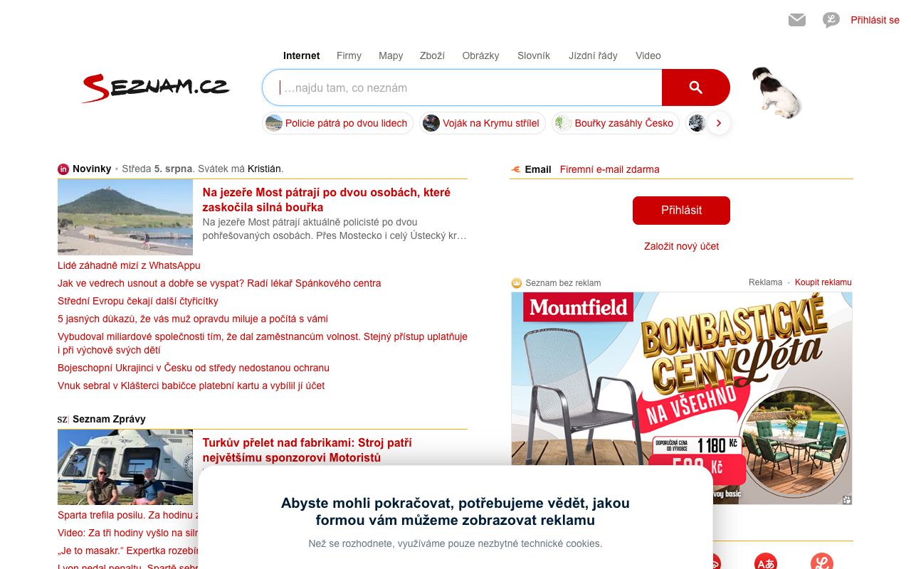 Seznam.cz homepage, the Czech search engine holding around 14 percent of Czech search (page shown in Czech)
