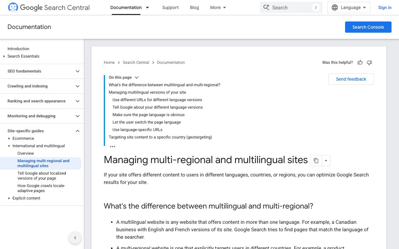 Google Search Central documentation comparing ccTLD, subdomain and subdirectory URL structures for multi-regional sites