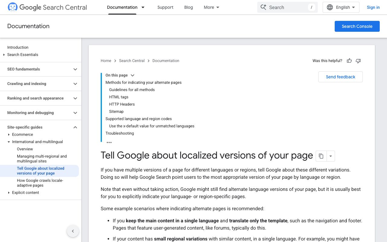 Google documentation on hreflang and localized versions showing language and region code syntax