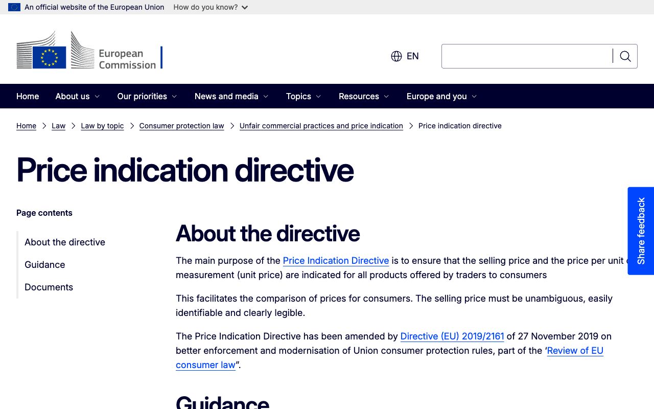 European Commission page on the Price Indication Directive requiring VAT-inclusive selling prices