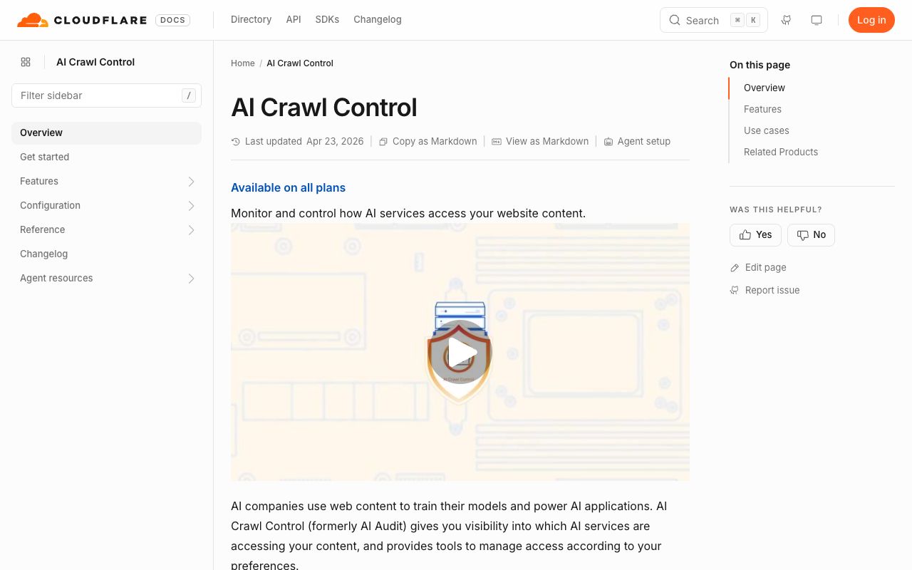 Cloudflare AI Crawl Control documentation showing per-crawler monitoring and allow or block rules