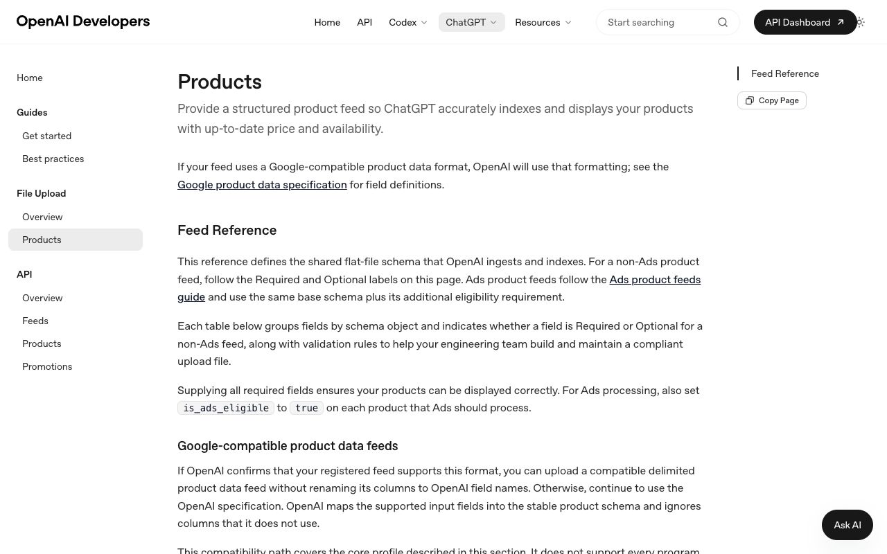 OpenAI product feed spec listing required fields such as item_id, title, brand, price and availability