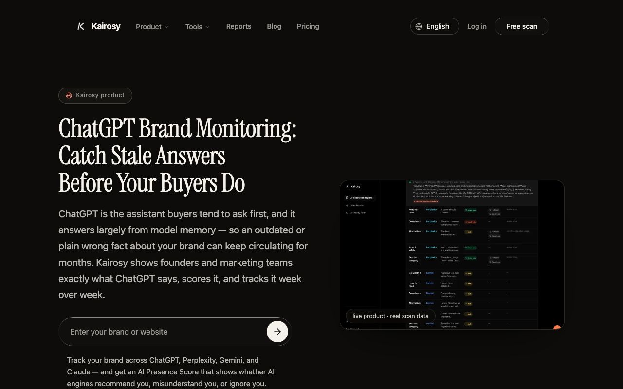 Kairosy ChatGPT brand monitoring landing page explaining engine-specific tracking setup
