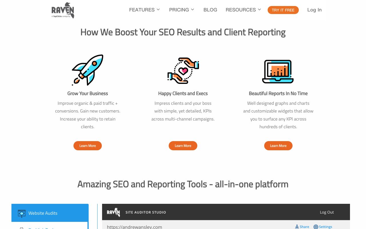 Raven Tools homepage in August 2026 with its SEO results and client reporting headline