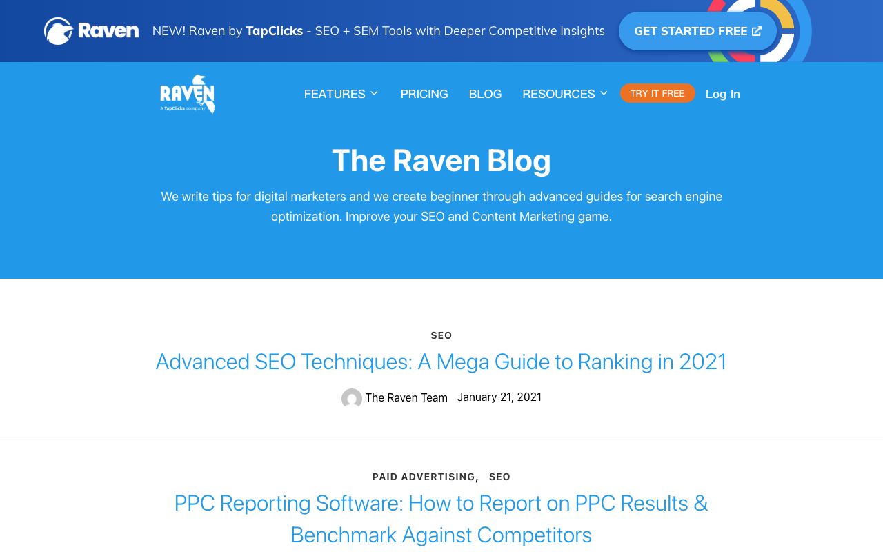 The Raven Tools blog front page, whose newest post is dated January 21, 2021