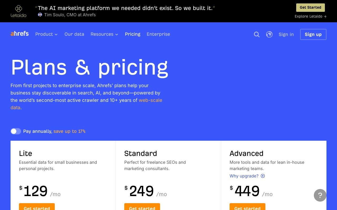 Ahrefs pricing page with Starter, Lite, Standard, Advanced and Enterprise plan costs