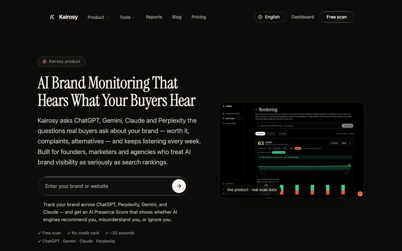 Kairosy AI brand monitoring landing page explaining weekly rescans across four AI engines