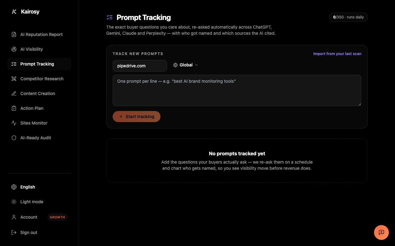 Kairosy prompt tracking workspace listing saved buyer questions with per-engine mention and sentiment results