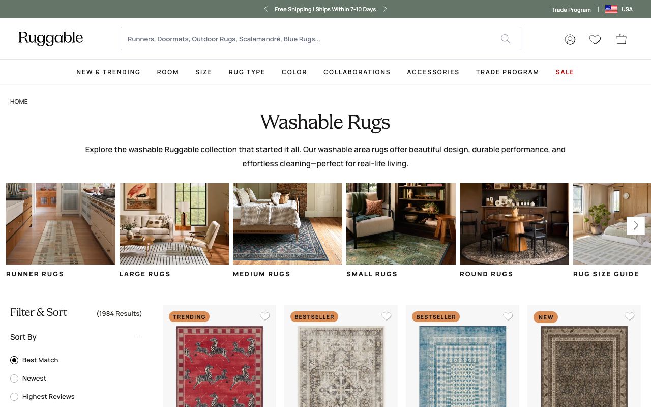 Ruggable ecommerce product listing with product titles, prices and variant attributes