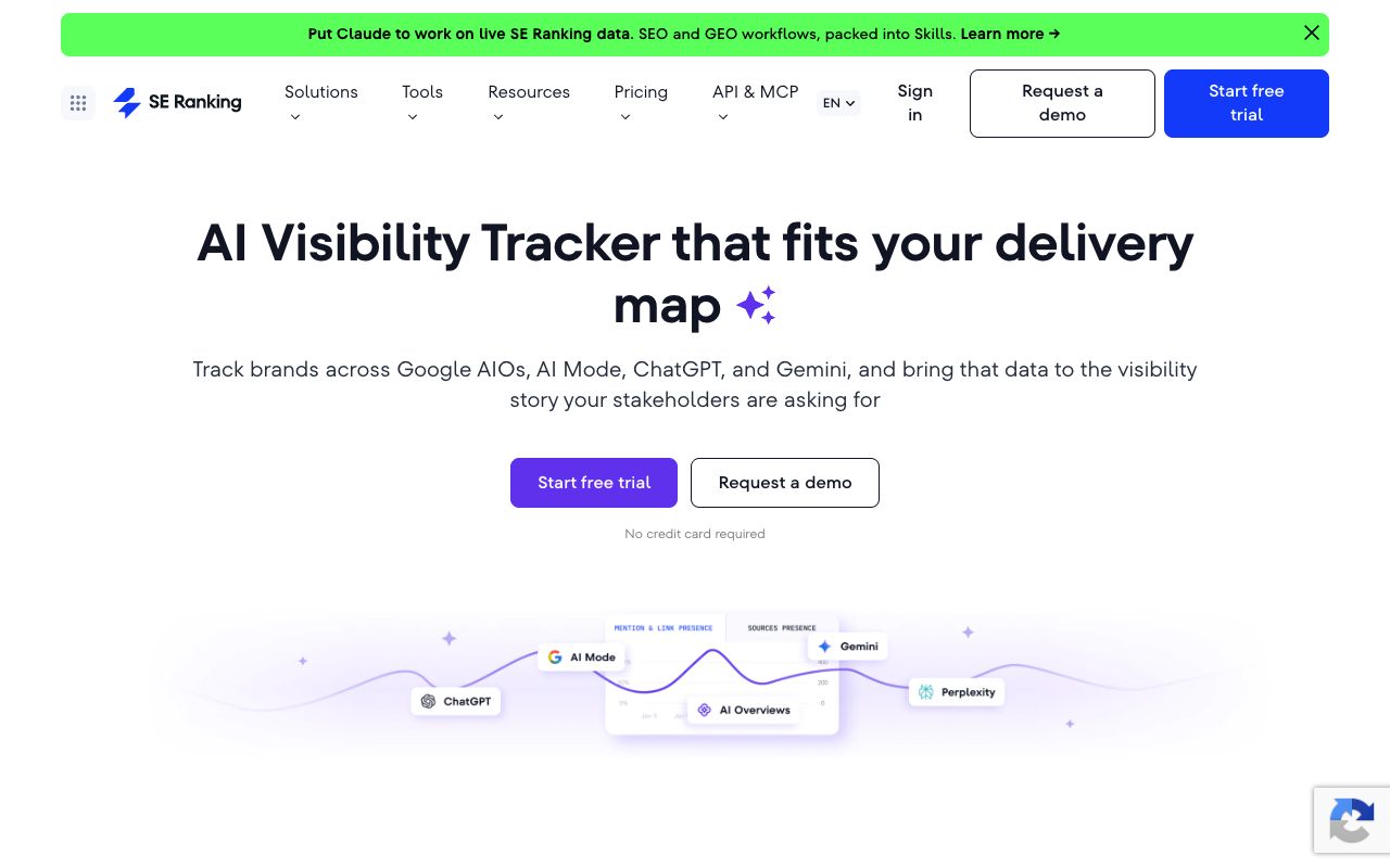 SE Ranking AI Visibility Tracker page listing Perplexity among tracked AI platforms