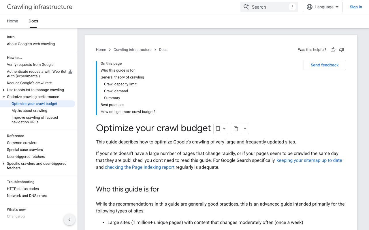 Google Search Central documentation defining crawl budget thresholds of 1 million and 10,000 unique pages