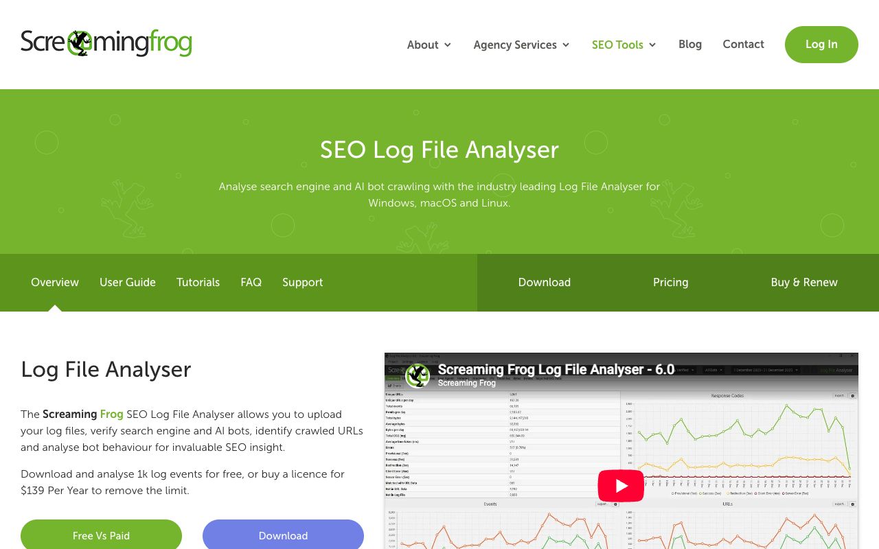 Screaming Frog Log File Analyser product page showing the annual licence price and free version limits